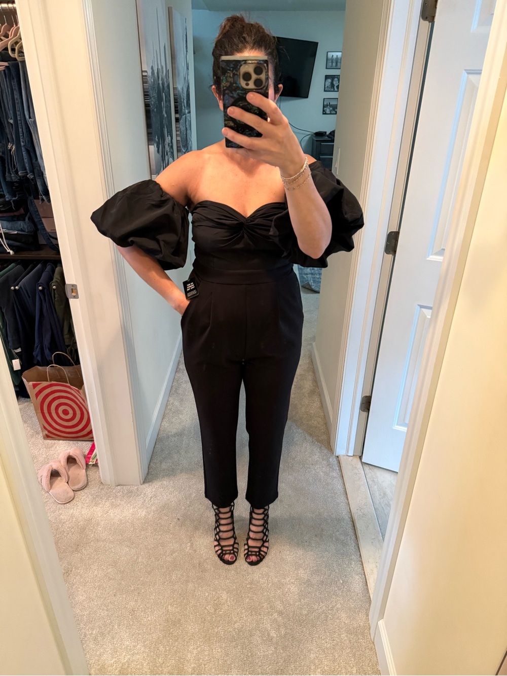 Express Black Off-Shoulder (removable) Puff-Sleeve Jumpsuit with pockets
